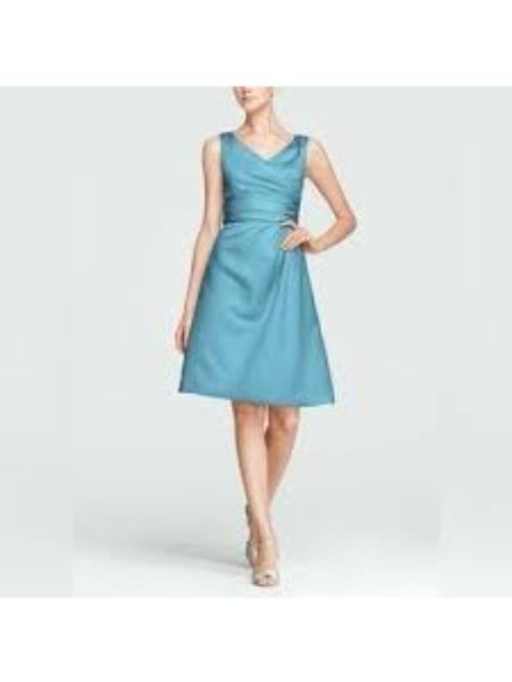 David's Bridal 83168 Short Satin Off-the-Shoulder A-Line Teal Blue Dress Size 2